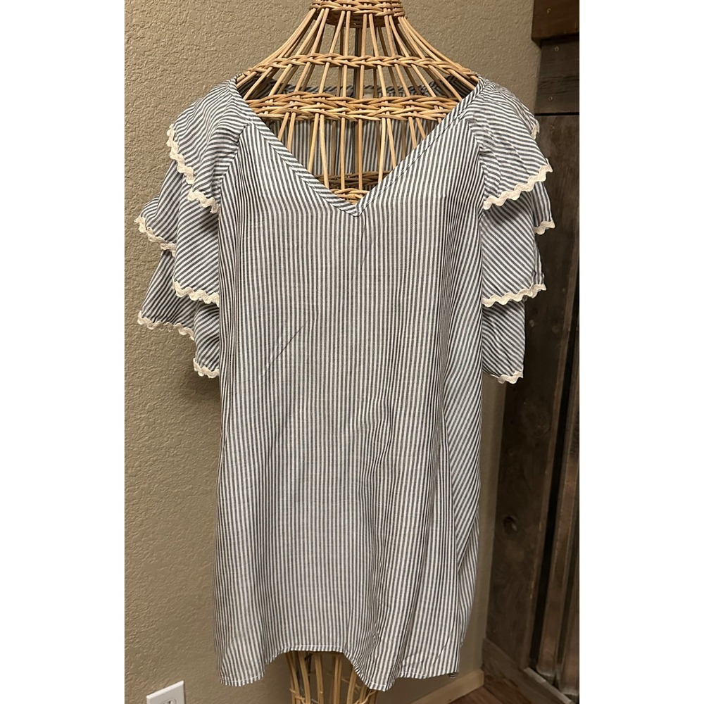 Haptics Holly Harper Blue White Striped Tiered Flutter Sleeve Lace Top 1X